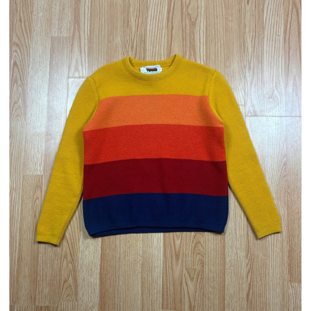 Vintage Topher Wool Sweater Mens Large Retro Striped Crew Neck Yellow Orange